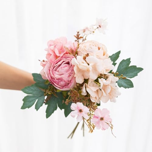 Dining Table Centerpiece Decor - Pre-Made Artificial Flower Arrangement Fake Floral with Wooden Vase for Farmhouse Kitchen Bathroom Living Room Decorations (Double Pink) - color: Double Pink
