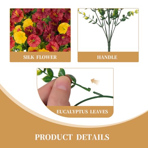 ADXORA 12 PCS Fake Fall Morning Glory Mums Artificial Flowers for Outdoors | UV Resistant Plastic Plants Artificial Greenery for Indoor Outdoor Garden Patio Window Box Home Decor - color: Yellow Brown Grayish-red