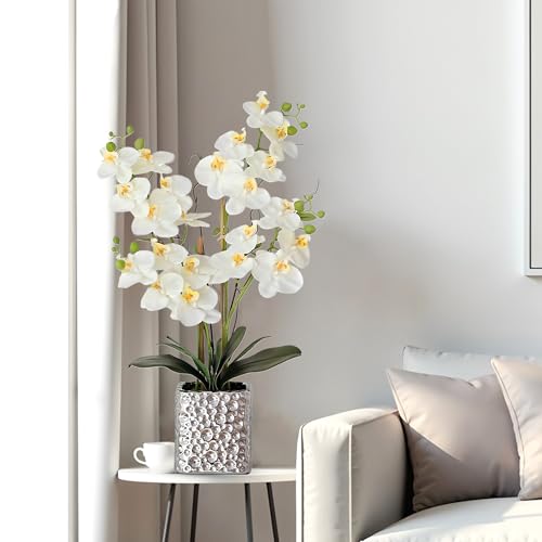 Orchid Artificial Flowers with Sliver Vase Large Silk Faux Phalaenopsis Flowers for Dining Room Table Floral Centerpieces Indoor Decoration,White - color: 1302-white