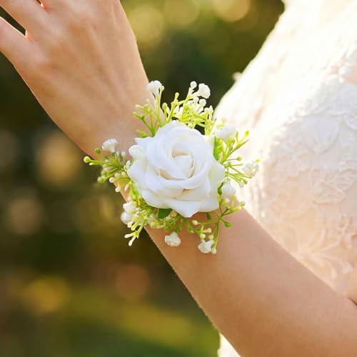 Wedding Corsage Wristlet Red Rose Wrist Corsage for Women (White) - color: White