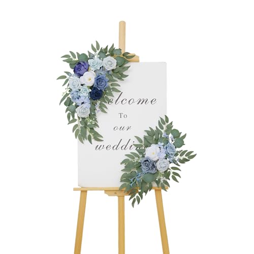 Wedding Welcome Signs Floral(Pack of 2)，Wedding Arch Flowers for Wedding Decorations and Reception Backdrop Decoration（New Blue） - color: New Blue
