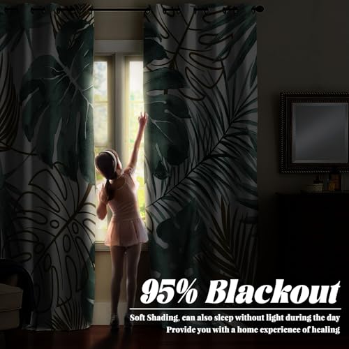 Renaiss Tropical Leaf Blackout Curtains, Green Palm Monstera Leaf Thermal Insulated Bedroom Window Curtains, Botanical Plants Window Curtains for Kitchen, 45" L x 29" W 2 Panel Set - color: Leaf, size: 29"W x 45"L (Pack of 2)
