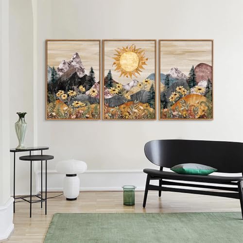 Rantodecor Boho Mountain Framed Canvas Wall Art, Western Daisy Floral Landscape Wall Decor, Rustic Fern Flowers Art Painting, Modern Fantasy Nature Sun Artwork for Bedroom Living Room Office 24"x36"x3 - color: Boho Mountain, size: 36"x24"