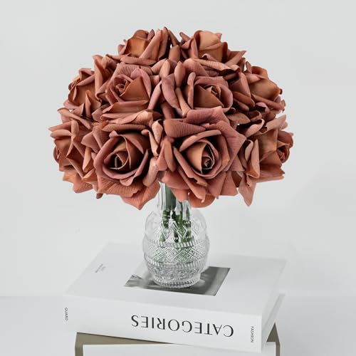 JINWOE 10pcs Artificial Roses Single Stem Faux Rose for Wedding Table Centerpieces Party Home Decoration (Coffee) - color: Coffee