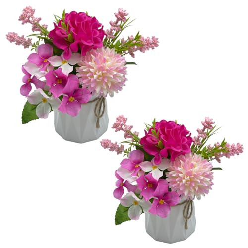 2 Potted Red Hydrangea Artificial Flowers Bathroom Decorations，Faux Silk Chrysanthemum Floral Hydrangea Plant Small Fake Flower Bouquet Coffee Table Decor for Living Room Home Kitchen Office - color: Red