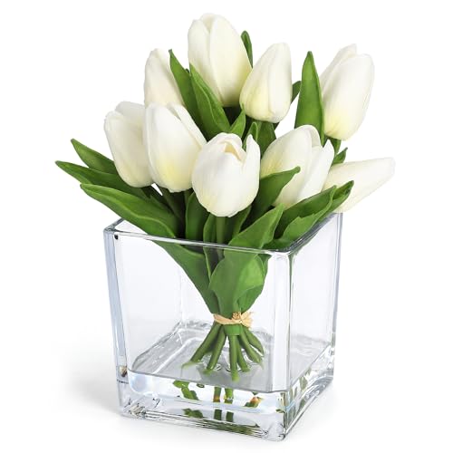 White Artificial Tulips in Vase with Faux Water, 7.4 Inch Real Touch Fake Tulips, Small Flower Arrangement in Cube Glass Vase for Mother's Day, Table Centerpiece, Wedding, and Home Decor - color: White, size: Tulip, PU