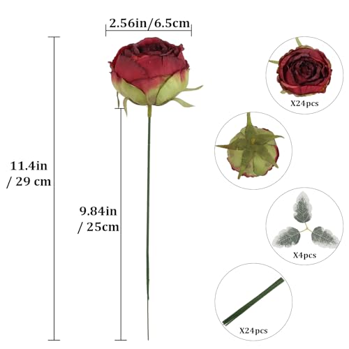 Artificial Peonies,24PCS Vintage Fake Peonies Flower Heads 2.56" Realistic Burgundy Roses with Stems for Wedding Chair Sign Cake Party Home Decoration (Burgundy) - color: Burgundy