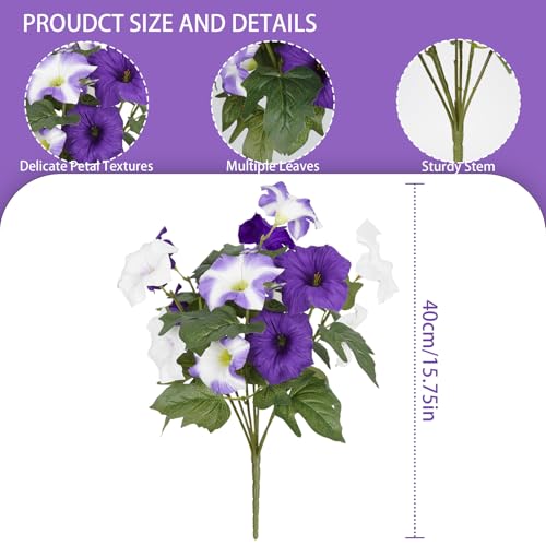 Artificial Flowers for Outdoors, Faux Petunias Spring Summer Decoration, Fake Flowers Plants UV Resistant Look Real Silk Flowers for Outside Planter Front Door Porch Patio Yard (6, Purple-White) - color: Purple-white