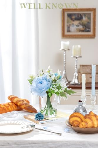 WELL KNOWN Artificial Flowers in Glass Vase with Fake Water, Silk Rose Dahlia Peony Flower Bouquet for Home Dining Coffee Table Office Hotel Wedding Party Lavatory Decor & Birthday Gift (Blue & White) - color: Blue &White