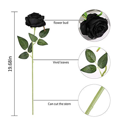 Laelfe 12 PCS Artificial Flowers Black Roses, Fake Silk Flower Long Stem Artificial Rose for Halloween Home Wedding Party Decorations(Black) - color: Black