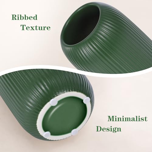 Ceramic Vase for Flowers – Modern Small Ribbed Textured Flower Vase for Home Decor, Pampas Grass, Decorative, Farmhouse, Coffee Table, Kitchen Centerpieces, Bookshelf and Home Living(Green) - color: Green