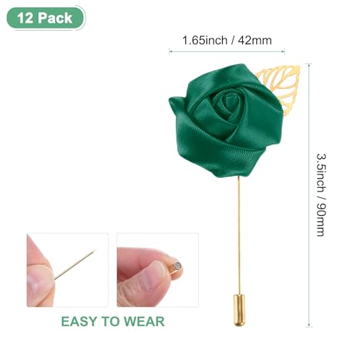 M METERXITY 12-Pack Flower Lapel Pins for Men, Golden Leaf Rose Boutonnieres Pin for Wedding/Dance/Party, Mens Lapel Pins for Suits Satin Flower Corsage Hat Pins [Dark Green] - color: Dark Green