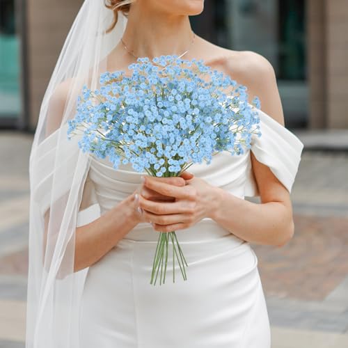 12PCS Babys Breath Artificial Flowers, 24inch Blue Faux Babys Breath Real Touch Faux Babys Breath for Vase Table Centerpiece Home Wedding Party Garden Decor(Blue) - color: Blue