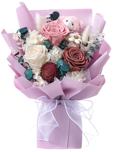 Polylove Forever Flower Bouquet Flowers for Delivery Prime Preserved Roses with Bear Gift Box for Wife Women Mother Day Anniversary Birthday (Purple) - color: Purple