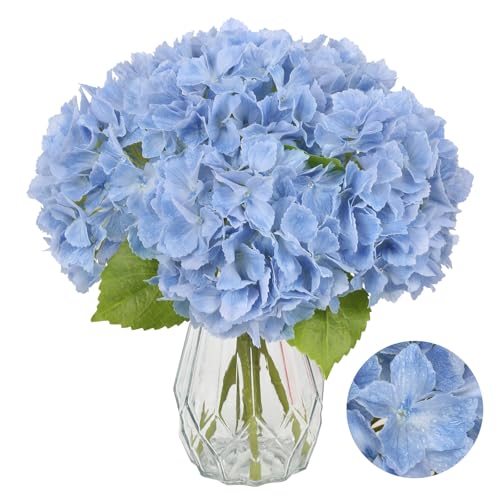 IPOPU 6pcs Real Touch Hydrangea Artificial Flowers Faux Blue Hydrangeas 12" Realistic Latex Flowers with Stems for Wedding Centerpieces Bouquets DIY Floral Home Decoration(Blue) - color: Baby Blue