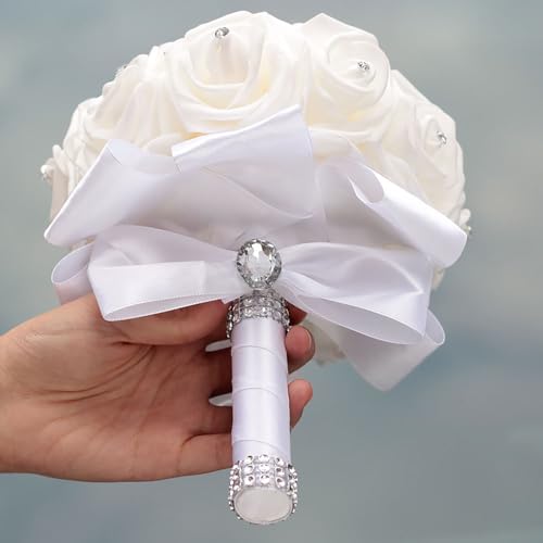 Wedding Bouquets for Bride, Bridal Flowers for Wedding, Bride Bridesmaid Hand Flowers Bridal Bouquet Crystal Diamond Silk Roses, Artificial Flowers Bouquet for Church Wedding Party (White) - color: White