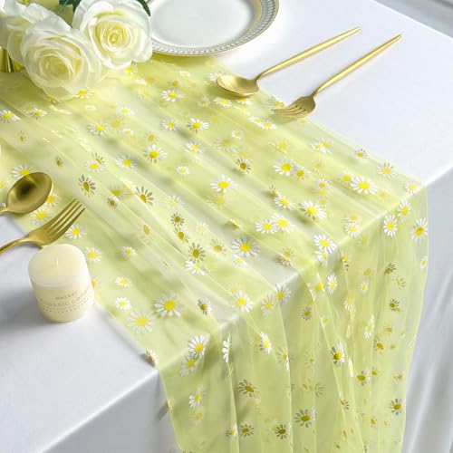 Daisy Gauze Table Runner 120 Inch 10FT, Floral Flower Tulle Table Runner Seasonal Kitchen Dining Table Decorations for Party Wedding Christmas Holiday Birthday (Yellow) - color: Yellow
