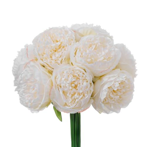 10PCS Off White Realistic Silk Peonies Bouquet, Waterproof & UV Resistant Faux Peony Flowers, All-Weather Artificial Stems for Outdoor, Grave, Wedding Centerpiece & Home Decor - color: Off White