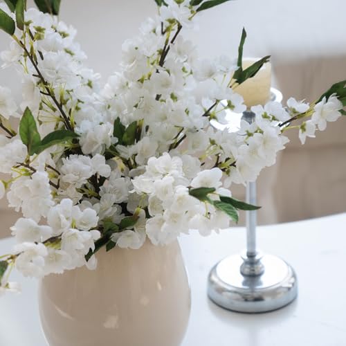 10PCS Artificial Cherry Peach Blossom Flowers,Spring Faux Bulk Cherry Peach Blossom Branches Silk Flowers Stems for Table Centerpiece Wedding Home Decor(White)