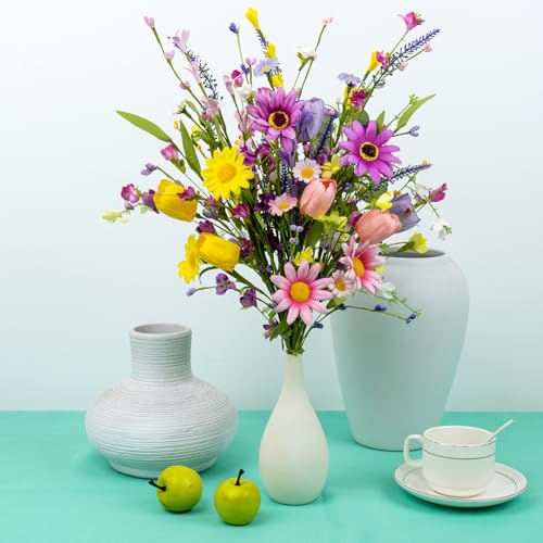 Yawwind 12 PCs Artificial Summer Flowers 17 Inches Pastoral Spring Flowers Colorful Spring Florals Stems with Wildflowers Tulips for Vase Table Centerpiece Indoors Decoration