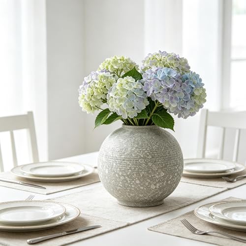 Small Ceramic Flower Vase 5.5 Inches, Farmhouse Round Decorative Vase for Flowers, Rustic Textured Vase, Home Decor for Living Room Shelf Table Centerpiece - color: Gray