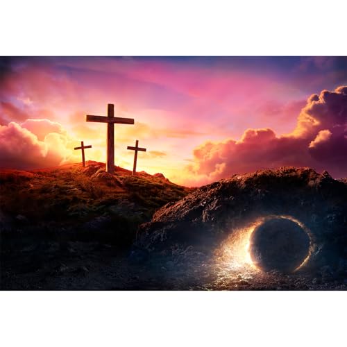 Empty Tomb Backdrop Sunrise Sunset Jesus Christ Crucifixion Resurrection Cave Photography Background Hole Holy Lights Easter Background Three Crosses Jesus Christ Backgrounds Props Banner 5x3ft - color: Black Rose_Red, size: 5x3ft