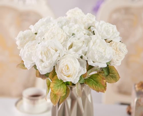 PONKING Rose Artificial Flower 28pcs Realistic Faux Silk Roses Fake Flowers Bouquets Arrangements Decor for Wedding Spring Mother's Day, Home Table Decorations, White Flower - color: A 28pcs White Rose