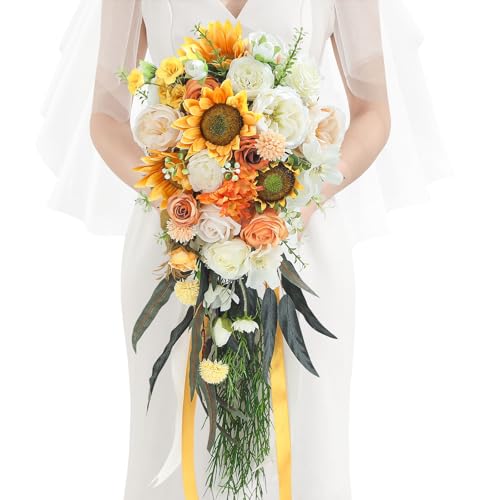 Serwalin 11 Inch Wedding Bouquets for Bride Bridesmaid, White Bridal Bouquets for Bride, Wedding Flowers Bouquet Tossing Bouquet, Wedding Ceremony and Anniversary Day Decor - color: Vivacious Sunflower