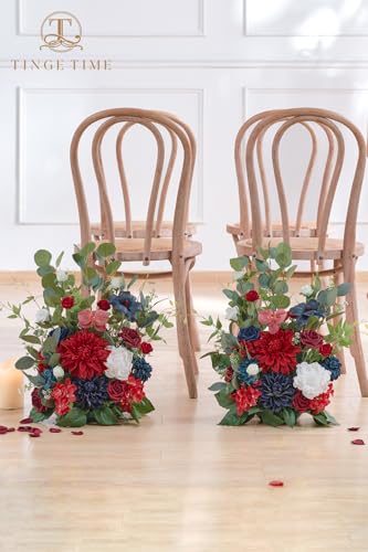 TINGE TIME Free-Standing Artificial Flower, Set of 2, Table Centerpiece with Rubber Pad, Silk Fake Flower for Wedding Centerpiece Archway Aisle Welcome Entrance (Red&NavyBlue) - color: Red&navyblue