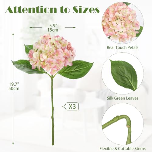 Oairse 3Pcs Pink Hydrangea Artificial Flowers 19.7 in Real Touch Faux Hydrangea Stems Silk Flowers with Stems Fake Pink Flowers Bouquet for Floral Arrangements Table Centerpieces Wedding Home Decor - color: Pink Mixed Cream