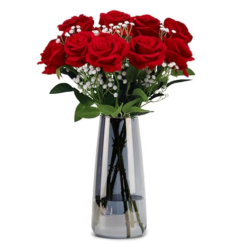Crystal Clear Glass Vase, Flower Vase for Table Centerpiece Home Decor, Modern Vases for Living Room, Wedding, Office, Coffee Table, Birthday Housewarming Gift, 8.3inch (Gray) - color: Gray