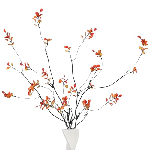 4 Pcs 38.5" Tall All-Orange Artificial Branches with Leaves, Realistic Faux Ficus Greenery Stems, Bendable Fake Plant Twigs for Tall Floor Vases, Home Centerpiece, Office & Spring Decor - color: Orange