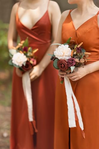 Ling's moment Artificial Flowers Terracotta Bridesmaid Bouquet, Fall Wedding Flowers Bouquets for Bridesmaids, 7 Inch Bridal Bouquets for Bridesmaids, Wedding Decor, Ceremony, Anniversary, etc - color: Or-burnt Orange