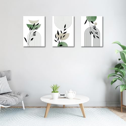 WENGTIAO 3Pcs Boho Sage Green Canvas Wall Art MInimalist Geometric Line Leaf Pictures Prints Paintings Abstract Mid Century Botanical Green Plant Artwork for Living Room Bedroom Bathroom 12x16x3 - color: Boho-sage green, size: 12"x16"x3Pcs