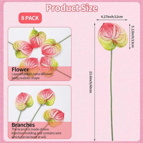 8 Pcs 23-5/8 inch Artificial Anthurium Flowers Real Touch Fake Flower for Table Centerpieces Arrangement and Bridal Wedding Festival Decor Flower Arrangement (Pink Green) - color: Pink Green