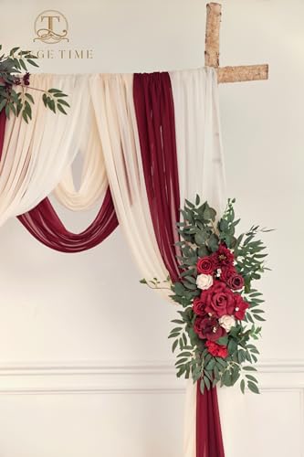 TINGE TIME Wedding Arch Flowers Kit - Deluxe 5pcs Artificial Floral Swag with 3 Sheer Drapes, Realistic Silk Flower Arrangements for Wedding Ceremony Arbor Backdrop Reception Party Home Decor - color: Burgundy Red