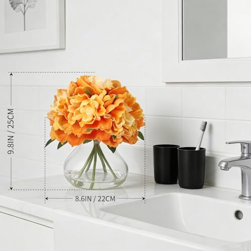 Orange Peony Bouquet in Glass Vase - 6 Piece Artificial Flower Arrangement with Faux Water for Wedding & Home Centerpieces - color: Peony Flowers, size: Orange