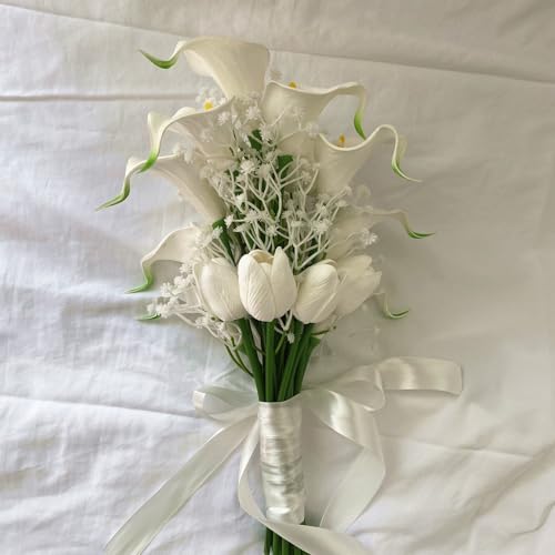 Wedding Bouquets for Bride Bridal Bouquets Artificial Tulips Calla Lily Babys Breath Flowers Bouquet for Wedding Gifts Home Decoration (White) - color: White