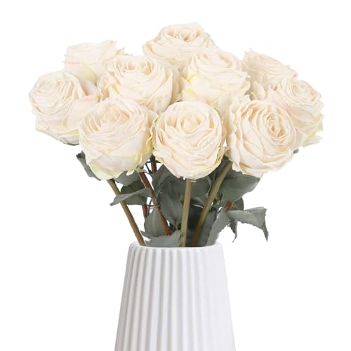 IPOPU 10PCS Vintage Roses Artificial Flowers White Fake Flower Bouquet Faux Roses with Stems for DIY Wedding Bouquet Bridal Shower Party Home Garden Decor(White) - color: White