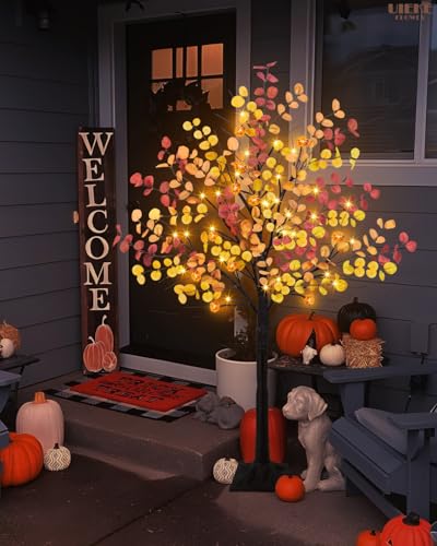 Uieke 4FT 48LED Lighted Fall Eucalyptus Tree Artificial Fall Tree with 12PCS Pumpkins & 8 Modes Thanksgiving Fall Decorations for Home Autumn Decor Indoor Outdoor - style: 4FT Fall Tree(1Pack)