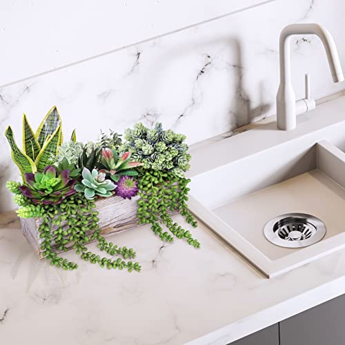 14 Pcs Assorted Artificial Succulents Fake Plants in Rectangular Wooden Pots Artificial Potted Succulents Plants Arrangement for Table Centerpiece Windowsill Shelf Mantel Tropical Greenery Decor