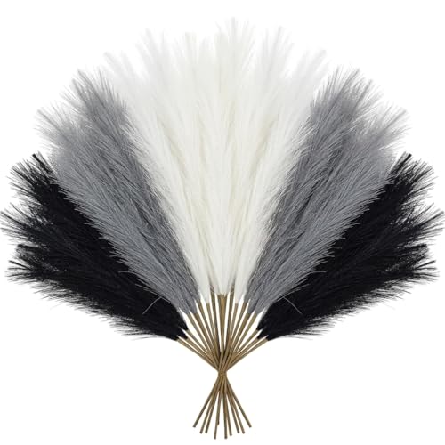 30Pcs Artificial Pampas Grass Decor - 21.7" Fluffy Black White Grey Faux Flowers for Vase, No Shed Boho Room Decor, Wedding Table Centerpieces & Photography Props - size: Black White Grey