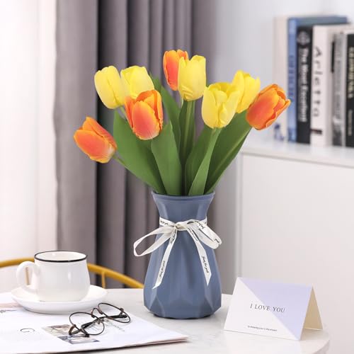 Artificial Tulips - 20 Stems Real Touch Realistic Fake Tulip Flowers Premium Silk Feel UV-Resistant Anti-Fade Waterproof Lifelike Tulips for Home Decor, Wedding Party DIY (Yellow & Orange) - color: Yellow & Orange