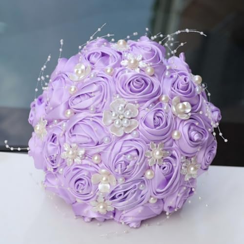Bridal Wedding Bouquet with Pearl Brooch Bouquet for Bride Bridesmaid Quinceanera Satin Rose Flower Bouquet Wedding Light Purple 8.7in - color: Light Purple