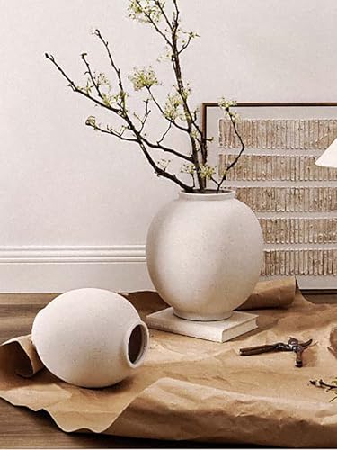 White Ceramic Vase - Large 13.5 Inch Round Floor Vase for Centerpieces, Farmhouse Flower Vases, Rustic Minimalist Home Decor (Sandstone White) - color: Sandstone White, size: 13.5 Inch