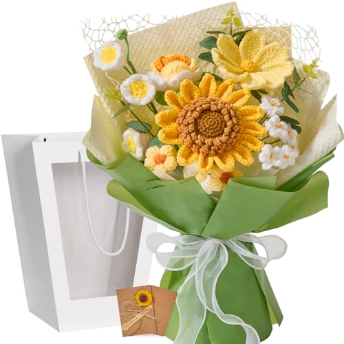 Serwalin Crochet Flower Bouquet,Yellow Knitted Flowers,Sunflower Crochet Flowers for Mother’s Day Wedding Anniversary Birthday Valentine Day Back-to-School or Graduation Ceremonies Gift (with Card) - color: Beautiful Sunflower