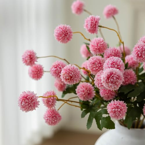 mizii 6Pcs Pink Fake Silk Pompon Mum Artificial Flowers Bulk Small Faux Chrysanthemums with Stems Realistic Floral Decorations for Wedding DIY Bouquet Centerpieces Shower Vase Home Decor (Pink) - color: Pink