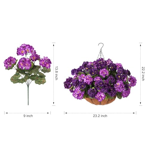 INSPRING Geraniums Artificial Flowers Hanging Basket for Outdoors Outside Spring Decoration, 8 Bundles Silk Flowers Fake Plants Look Real UV Resistant for Porch Home Patio Balcony Yard, Double Purple - color: Double Purple