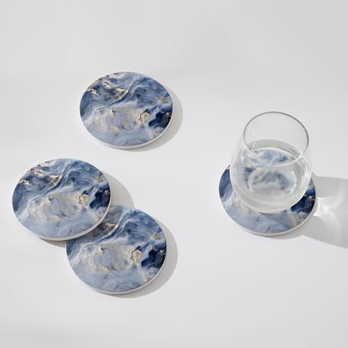 Set of 6 Navy Blue Marble Coasters with Holder,Absorbent Ceramic Coasters for Drinks, Coasters with Cork Backing for Table Protection, Housewarming Gifts for New Home - color: Navy Blue