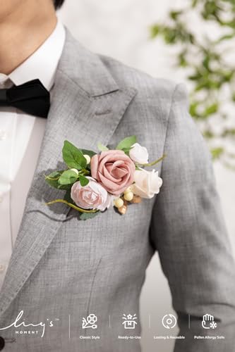 Ling's moment Pocket Boutonniere Single, Boutonniere for Men Groom for Wedding, Prom, Homecoming, Anniversary, Graduation, etc.Dusty Rose Ranunculus, 6" W x 5" H - color: Pk-dusty Rose Ranunculus, size: 6" W x 5" H